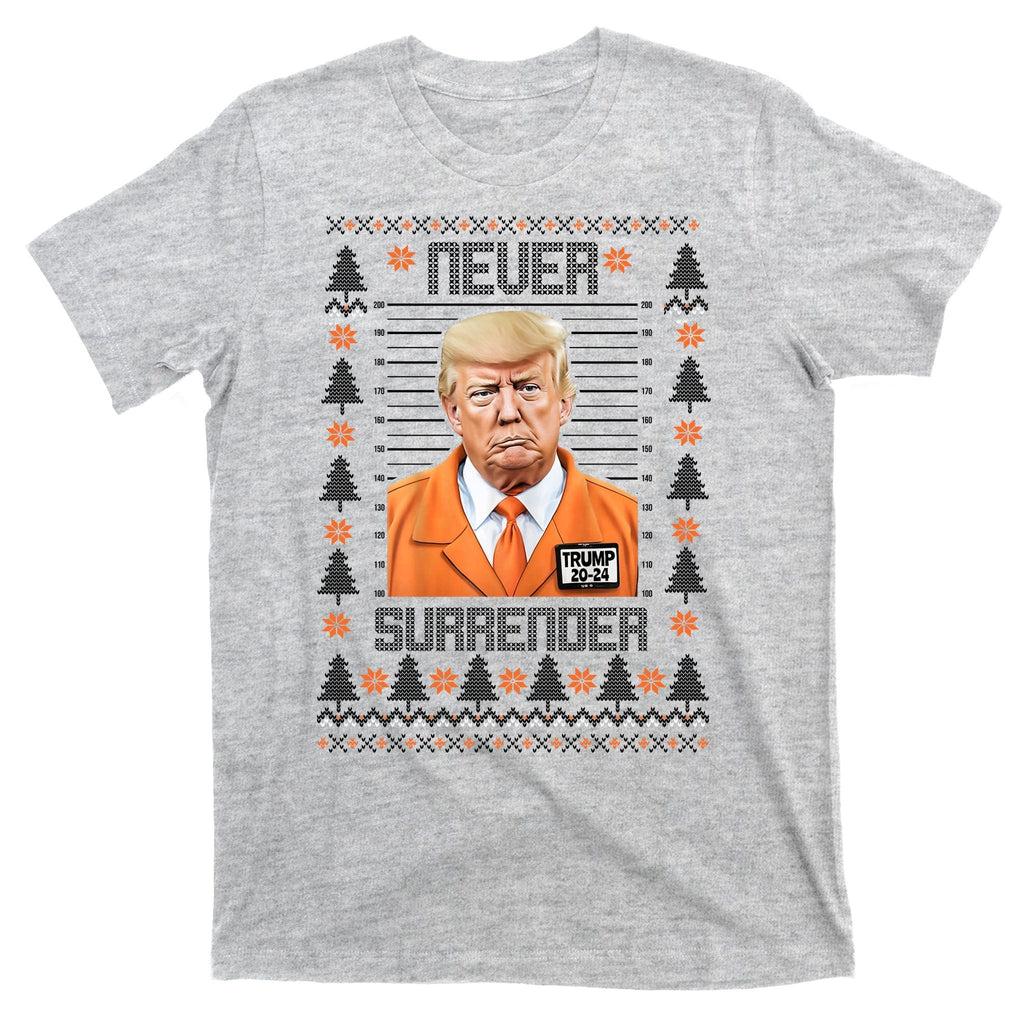 Trump Mugshot Never Surrender Ugly Christmas T-Shirt product image 9
