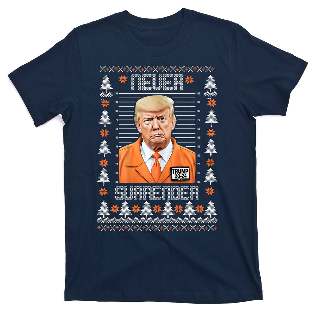 Trump Mugshot Never Surrender Ugly Christmas T-Shirt product image 1
