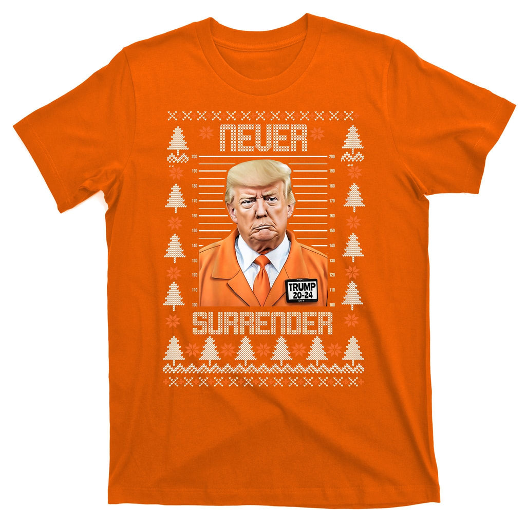 Trump Mugshot Never Surrender Ugly Christmas T-Shirt product image 5