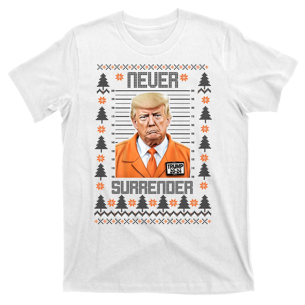 Trump Mugshot Never Surrender Ugly Christmas T-Shirt product image 11