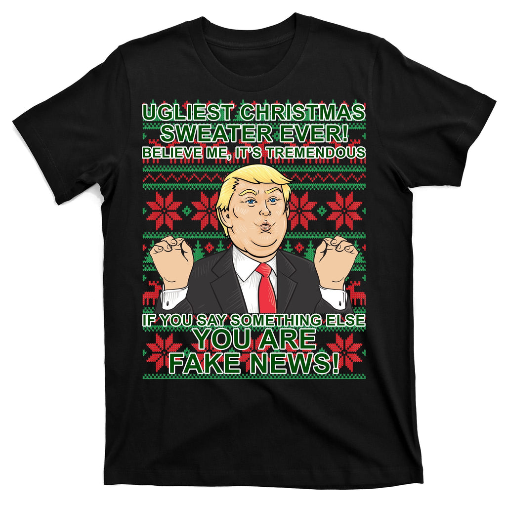 Ugly Christmas Sweater Fake News Trump T-Shirt product image 7