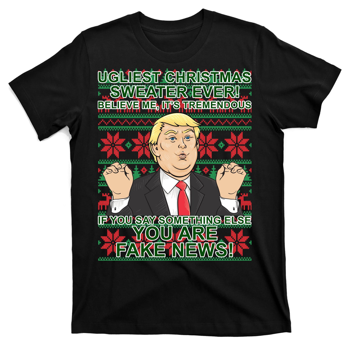 Ugly Christmas Sweater Fake News Trump T-Shirt product image 7