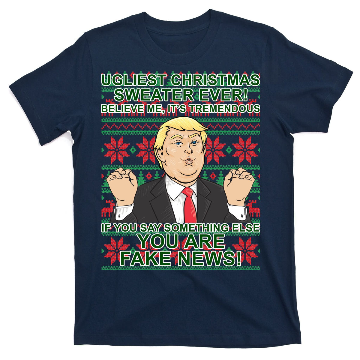 Ugly Christmas Sweater Fake News Trump T-Shirt product image 1